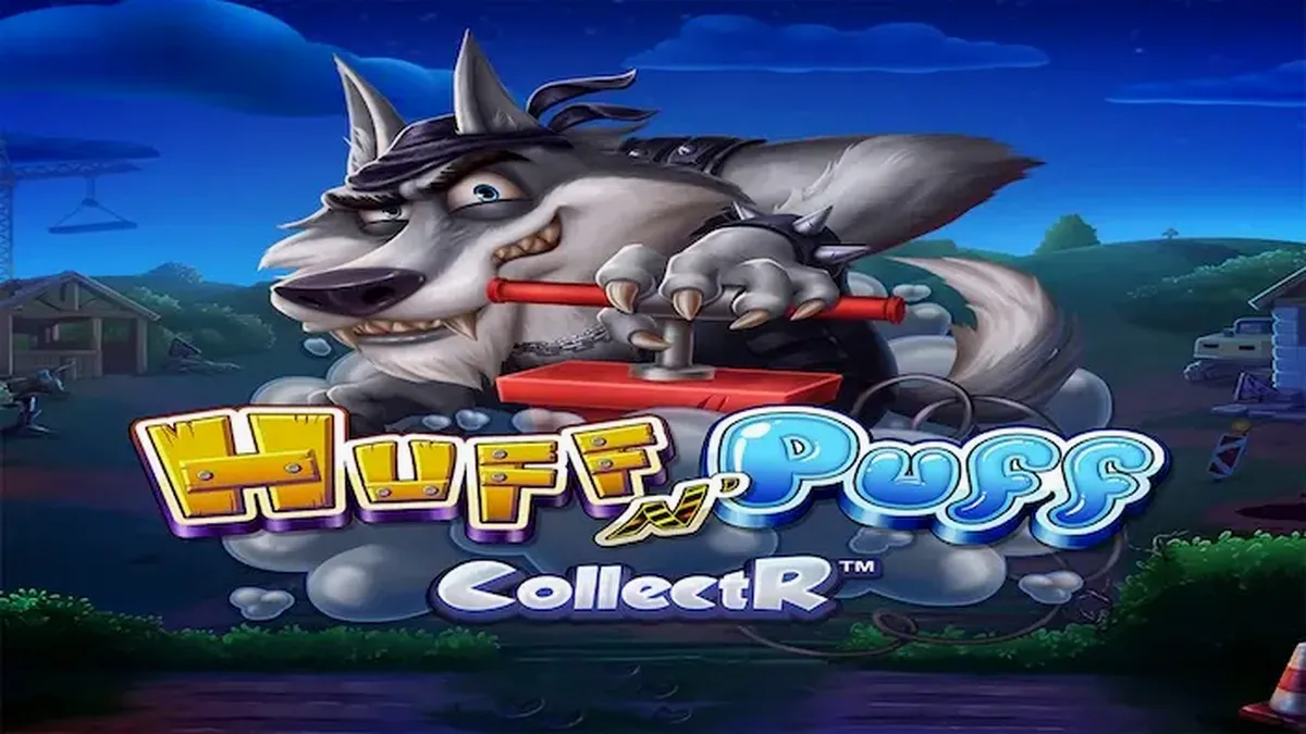 Tampilan visual slot Huff N' Puff CollectR dengan karakter babi dan serigala