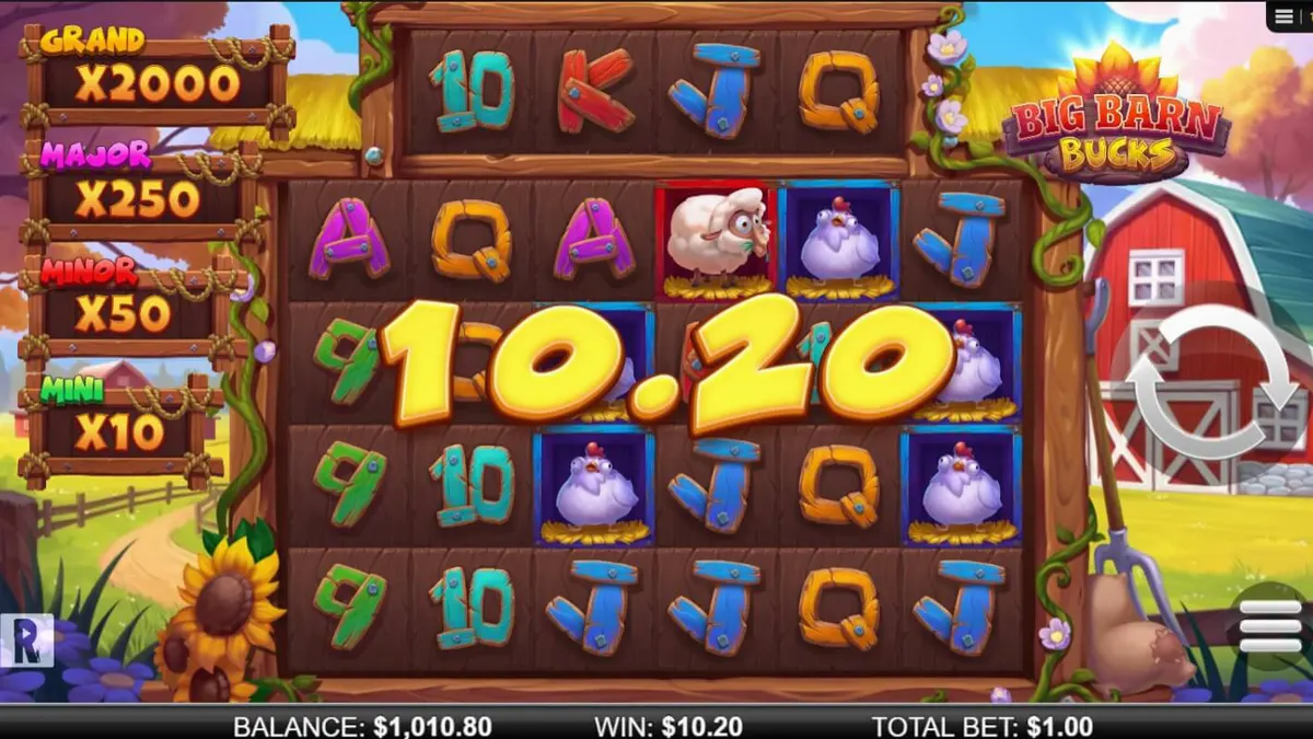 Tampilan visual slot Big Barn Bucks dengan tema peternakan yang ceria